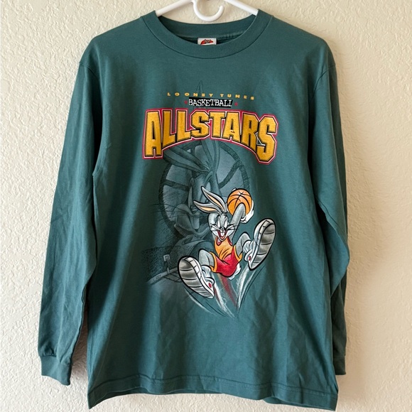 VINTAGE Warner Bros. Looney Tunes Green Basketball Tee - Picture 1 of 3